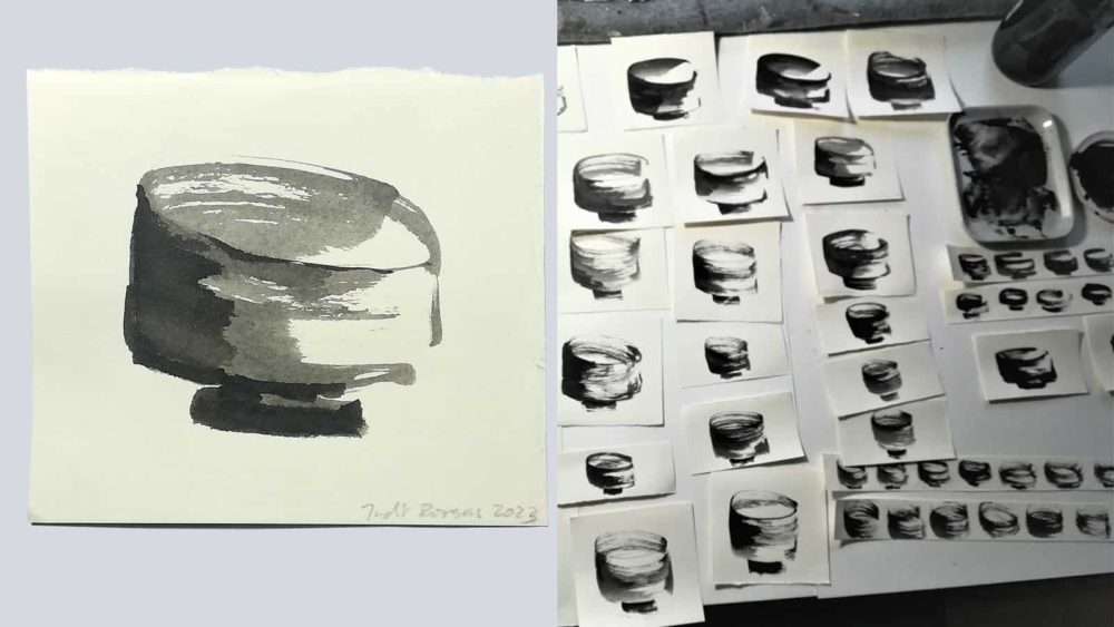 links: o.T., 2023, Tusche auf Papier, 10x12 cm rechts: Serie o.T. (Tasse), 2023, Tusche auf Papier
